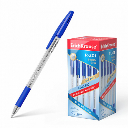 Ручка шариковая, синяя, 1,0мм, прозр. корпус, прорезин., R-301 GRIP. ERICH KRAUSE-01